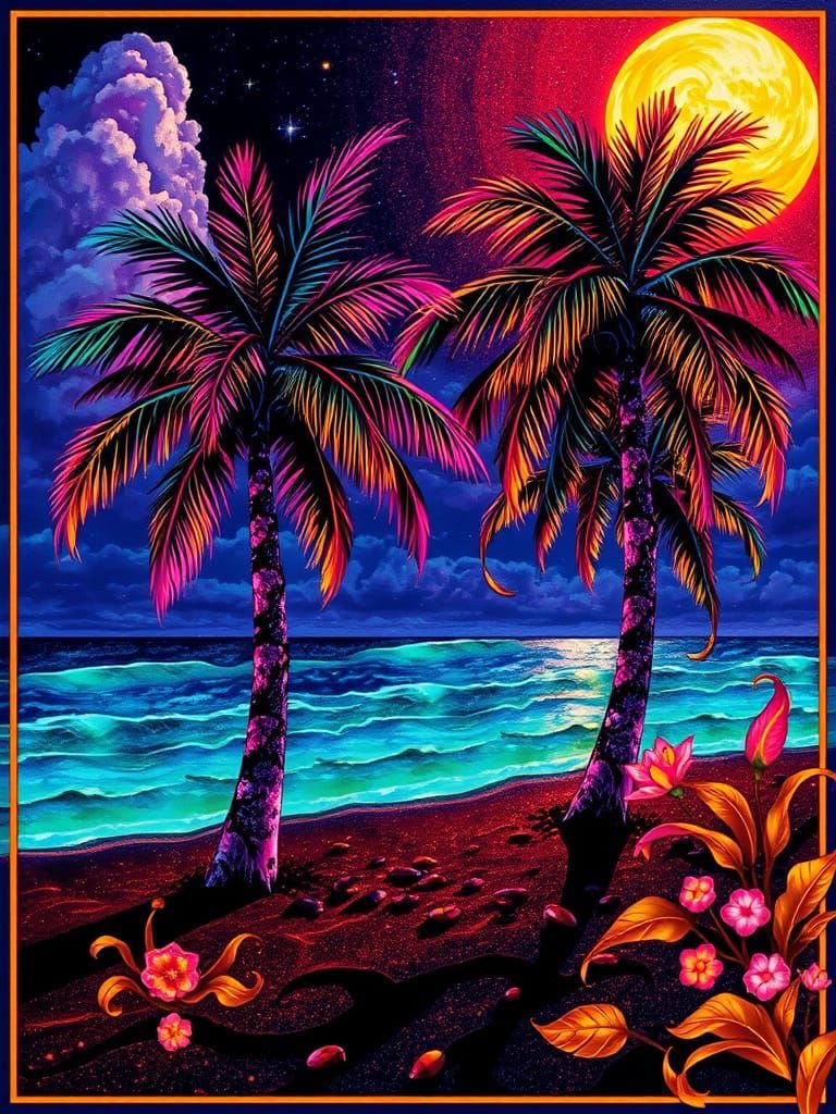 Neon Beach with Fractal Palm Trees in Geometric Style
