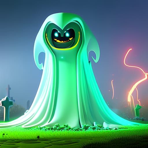 Small White Ghost in Graveyard: 3D Digital Art