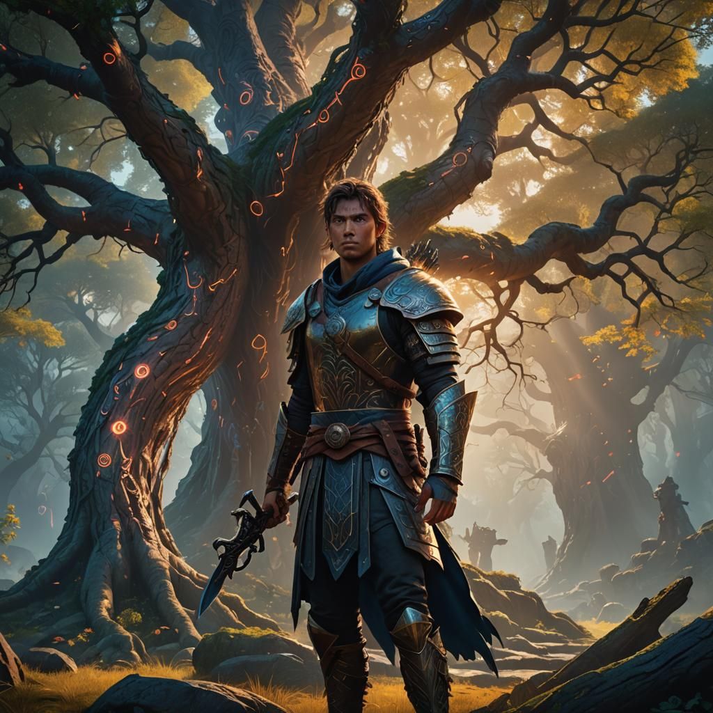 Pixel Art Warrior in Mystical Fantasy Landscape