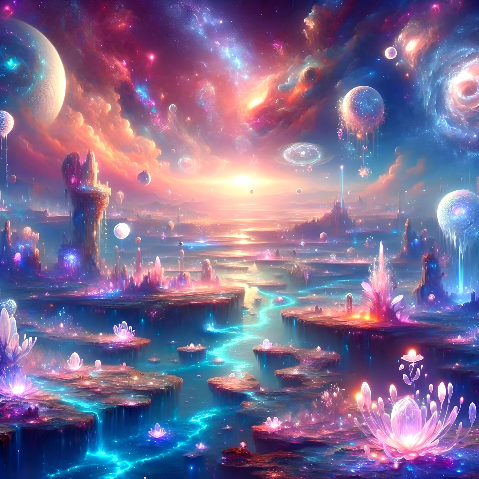 Dreamy Alien World with Floating Crystals