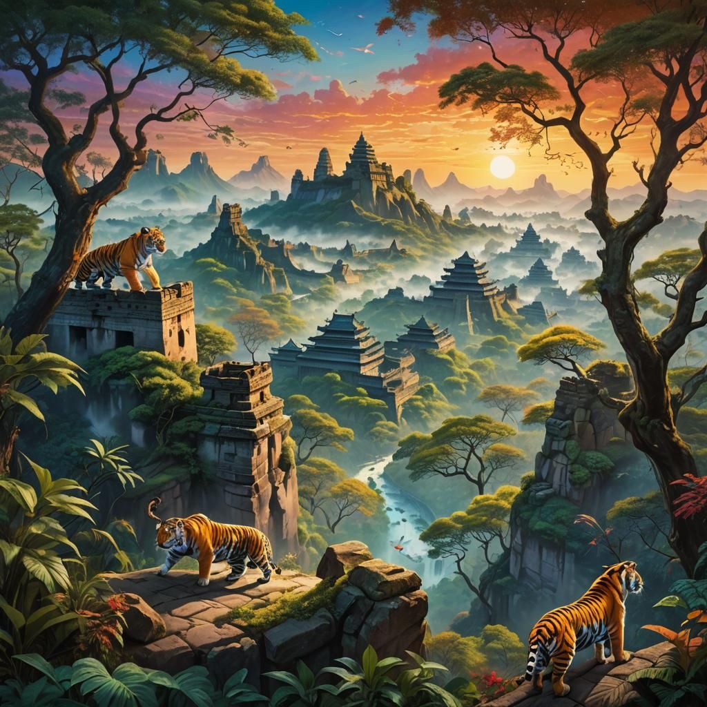 Asian Forest Landscape with Distant Landmarks