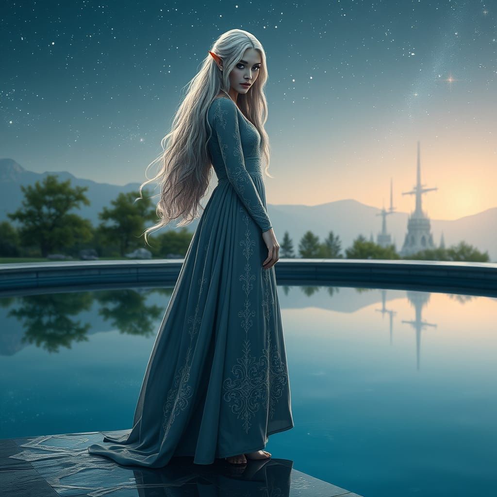Ethereal Elven Maiden Reflected in Pool, Hyperrealism