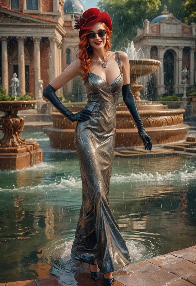 Glamorous Woman in Fountain: Photorealistic Portrait
