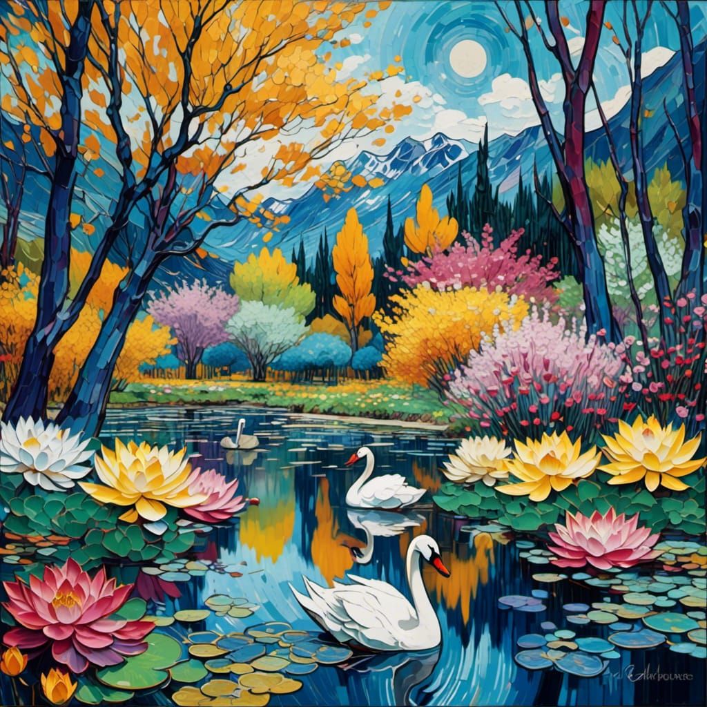 Swan on River with Lotus in Van Gogh Style