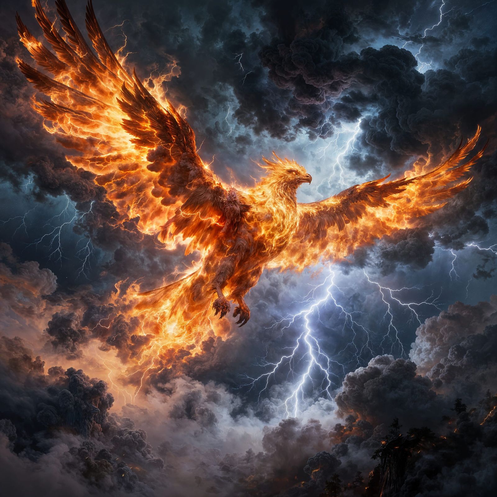 Gigantic Fiery Bird Soars Through Stormy Sky