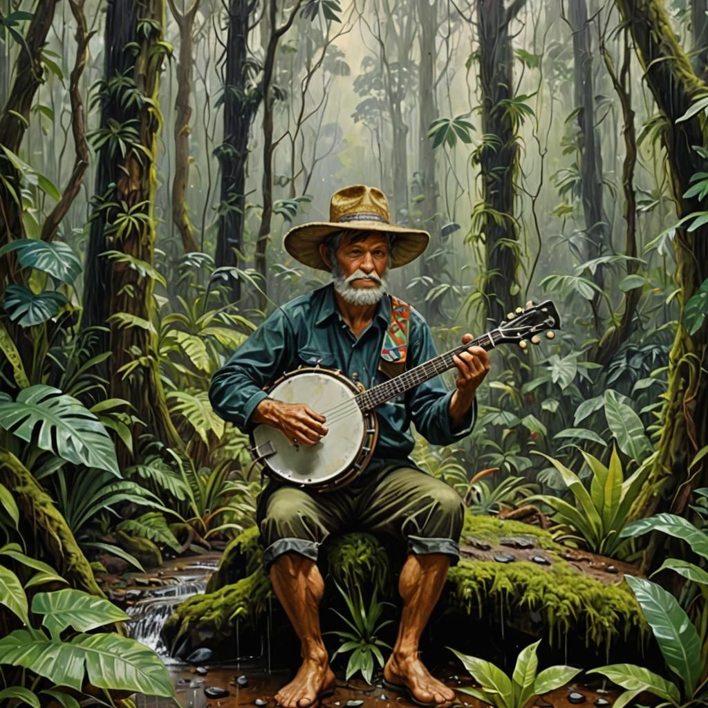 Baby Banjo Player in Rainy Rainforest, Oil Painting