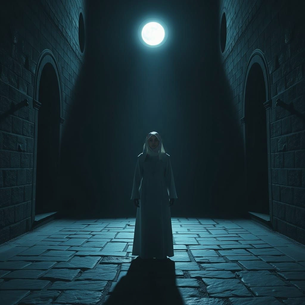 Gothic Nun in Convent Courtyard at Night