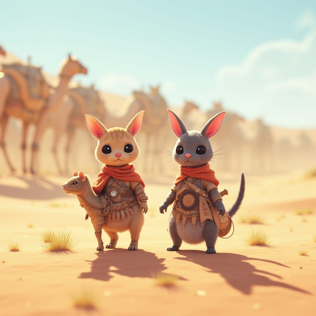 Cat, Dog, and Mouse in Sahara Desert, Anime Art