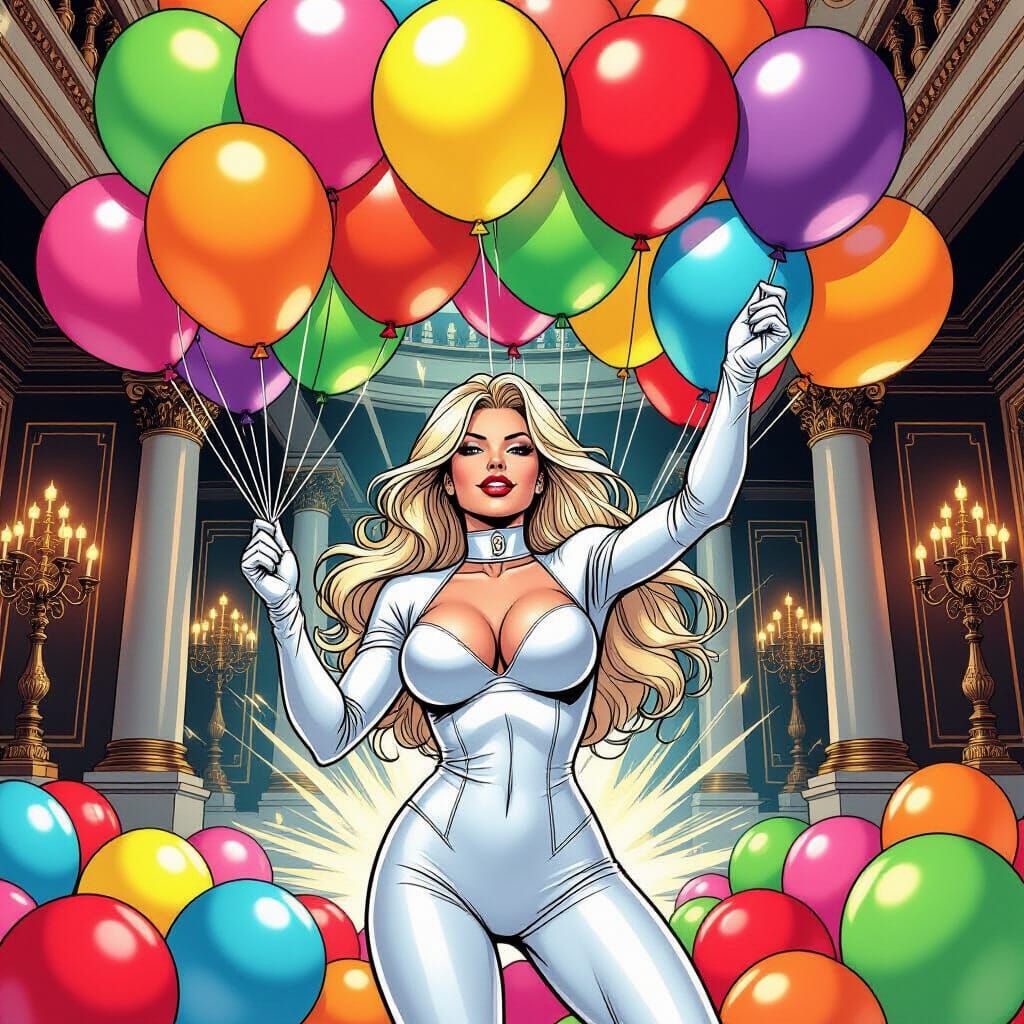 Emma Frost Squishing Balloons in Opulent Mansion