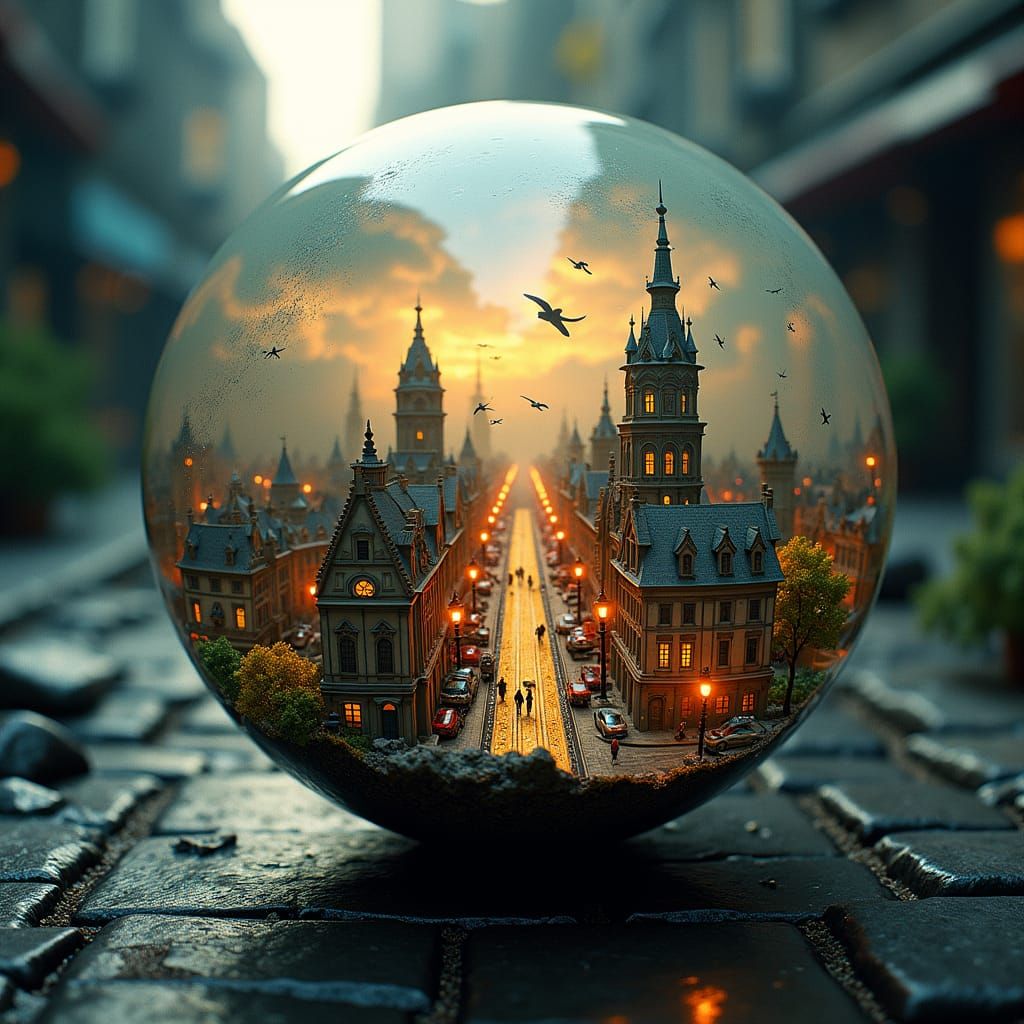 Miniature City in Glass Orb: Cinematic Still