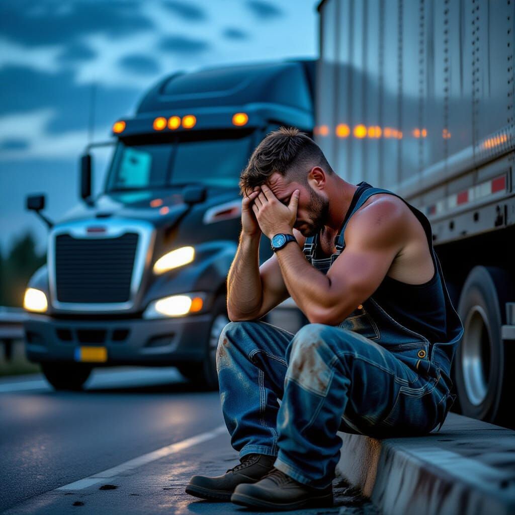 Sad Truck Driver in Moonlight, Regretful, Lonely