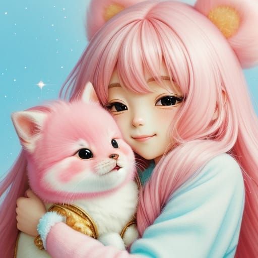 Girl Hugs Cute Animal in Pastel Cartoon Style