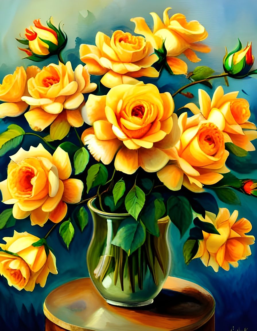 Yellow Rose Bouquet in Impressionist Gouache Style