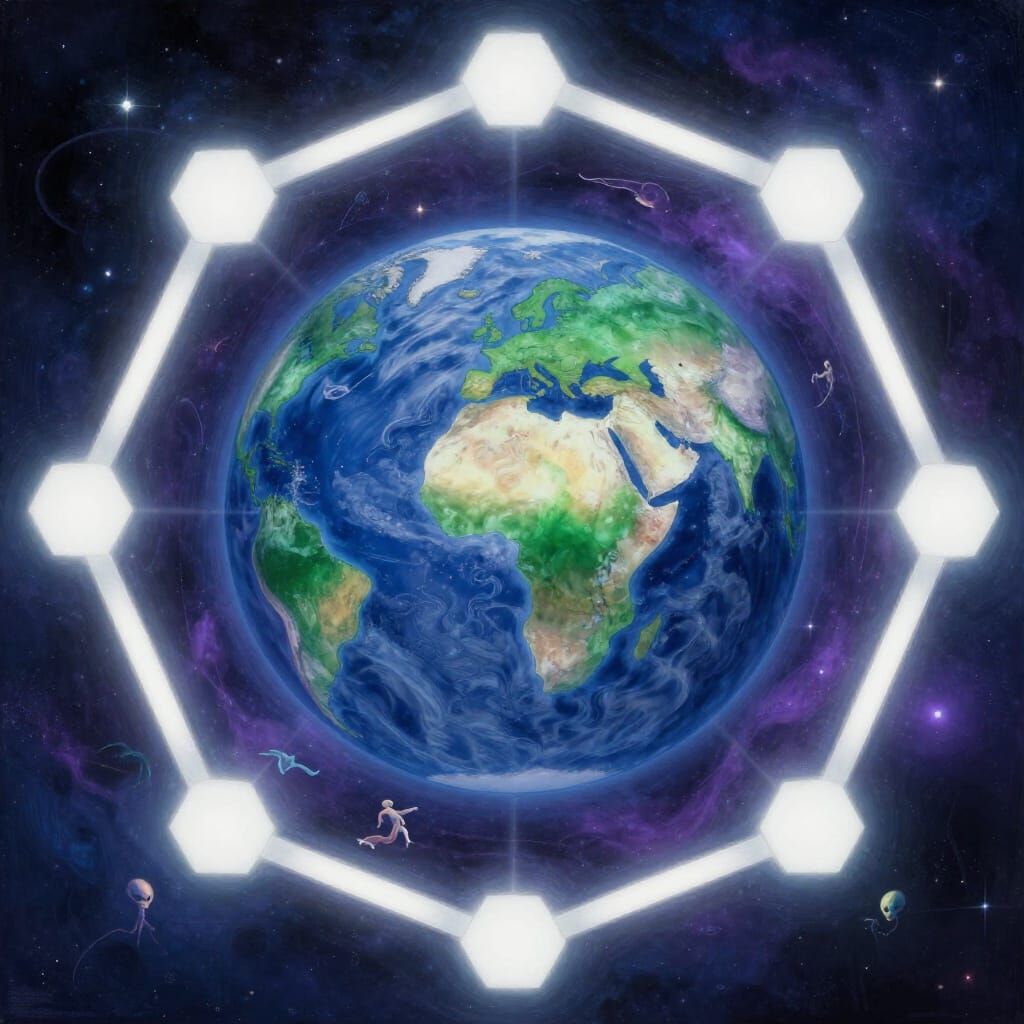 Ethereal Digital Painting of Earth in Cosmic Hexagon
