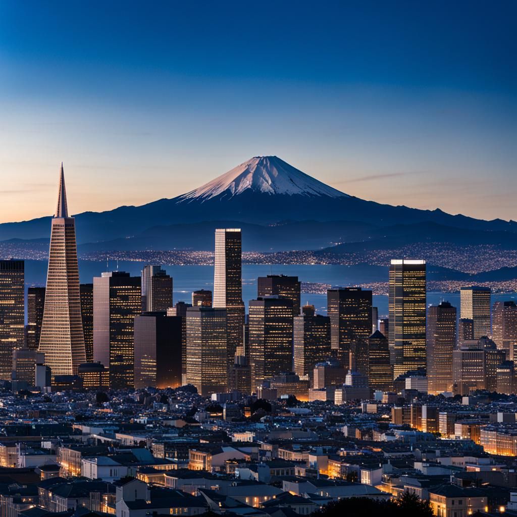 Surreal San Francisco Skyline with Mount Fuji