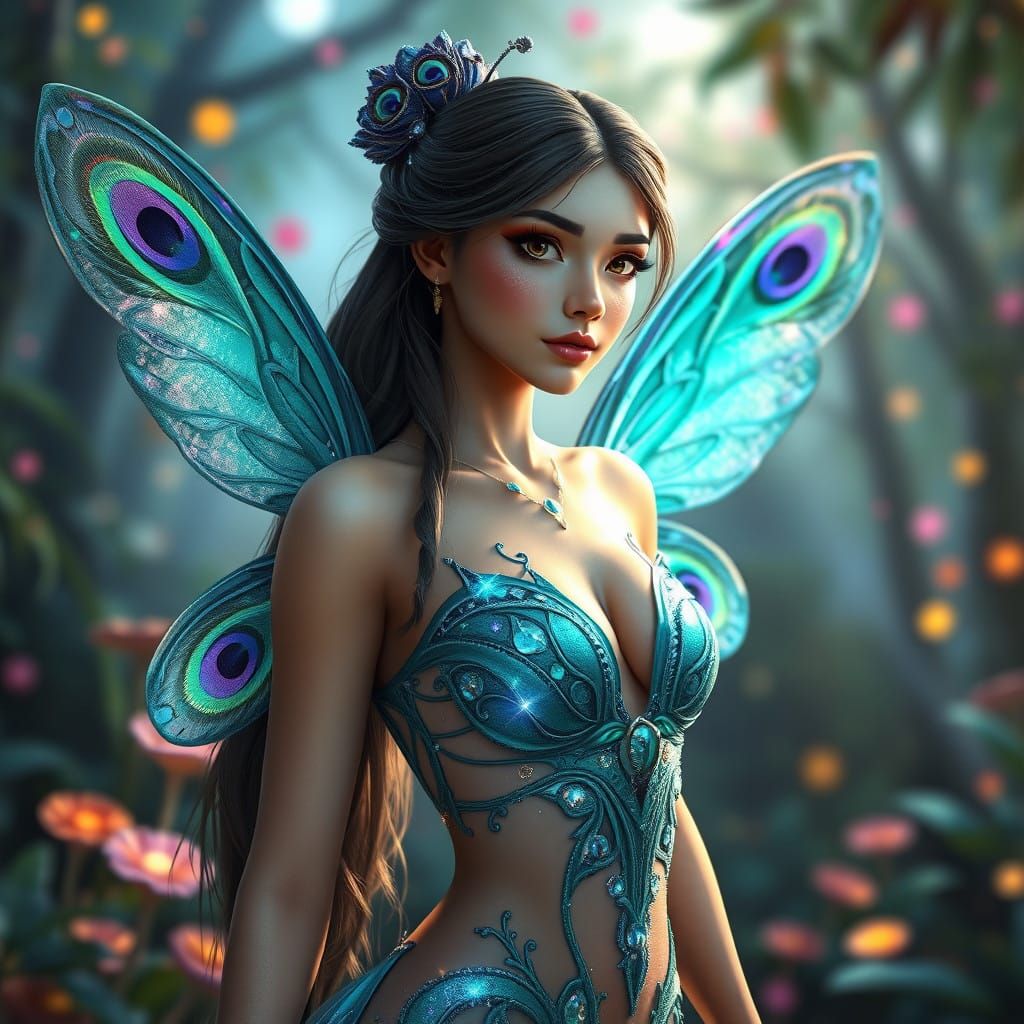 Ethereal Peacock Fairy in Iridescent Forest