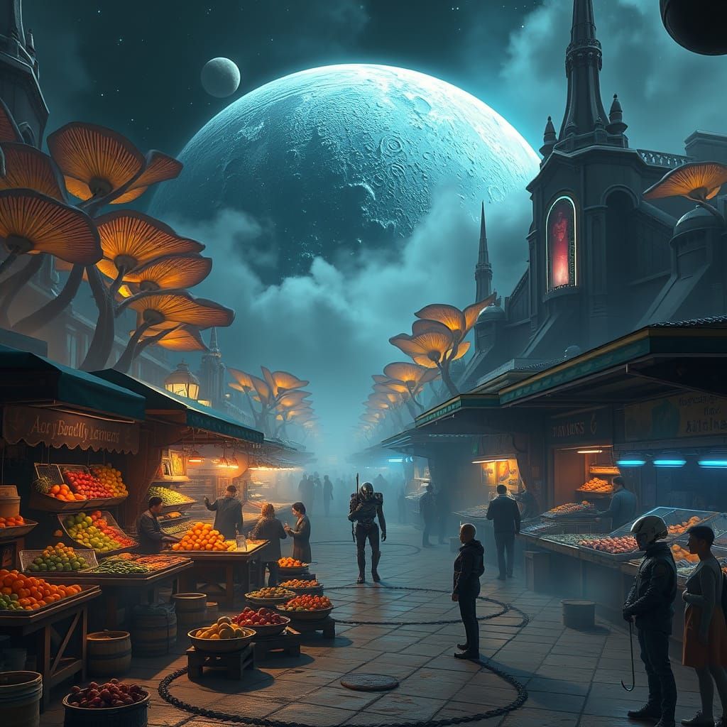 Highly creative. A bustling marketplace on a gas giant's moo...