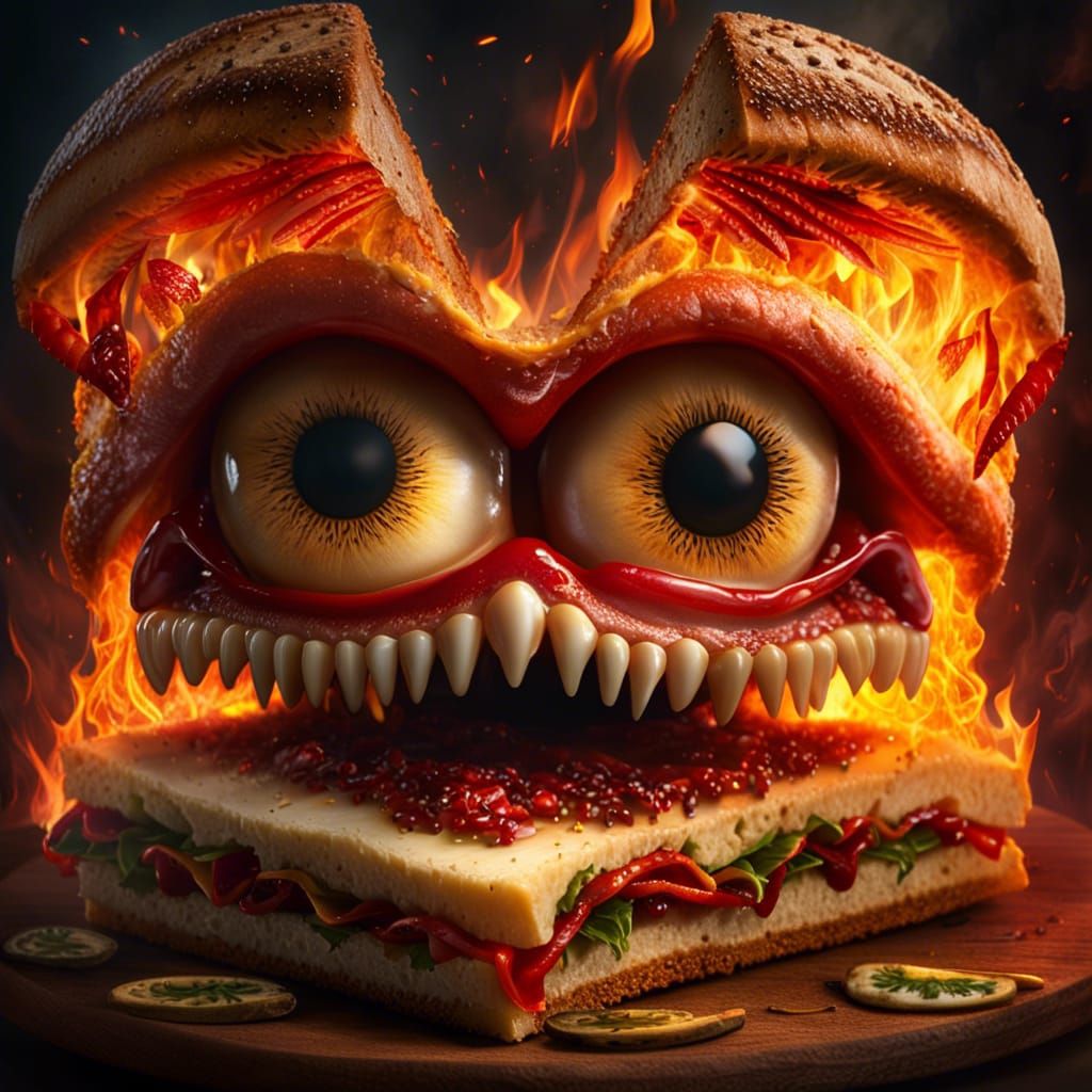 Photorealistic Sandwich Monster in Demonic Fire