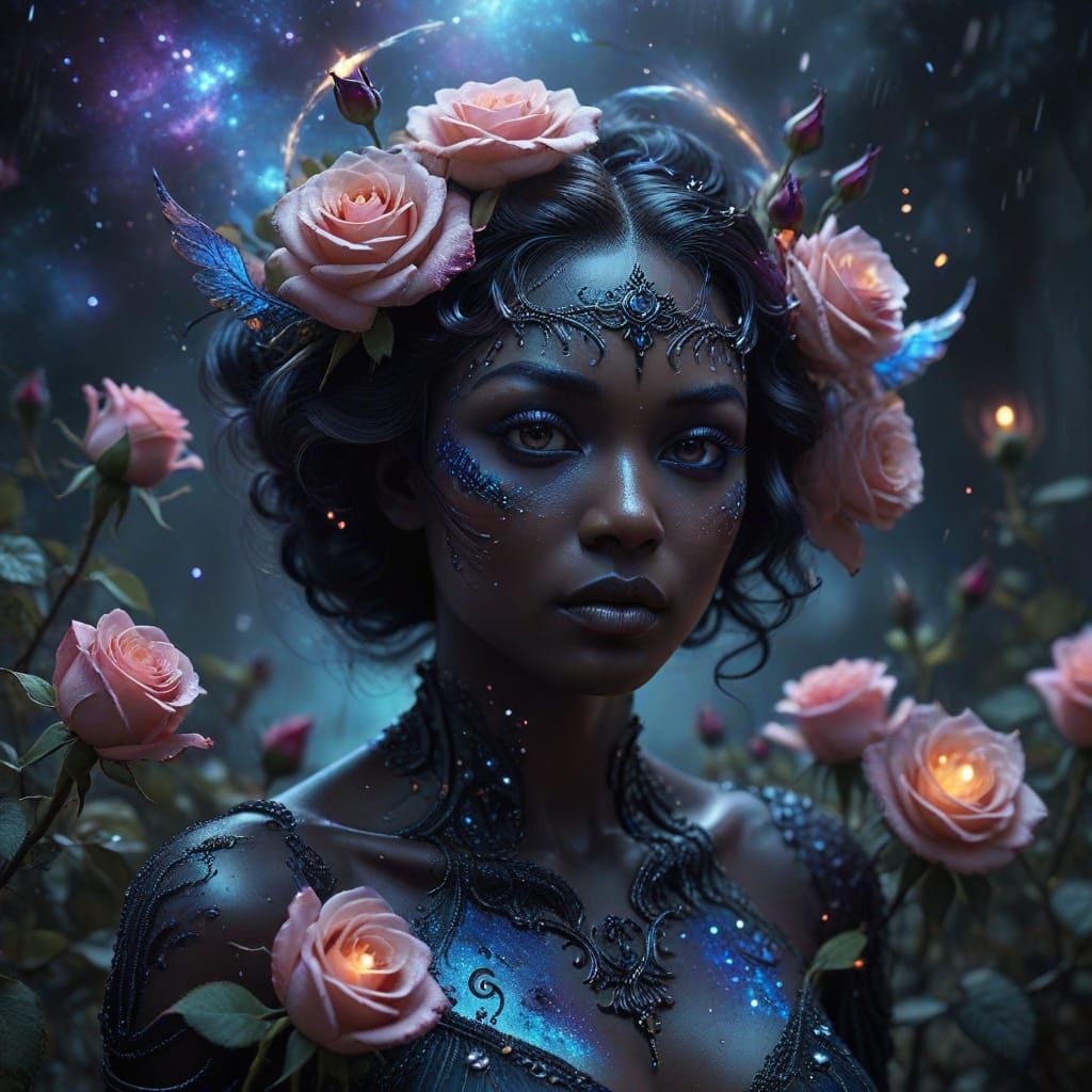 Surreal Black Angel With Galaxy Eyes and Rose Halo