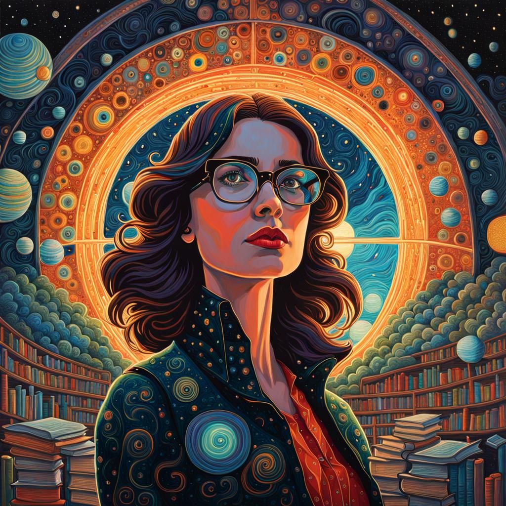 Woman Scientist in Colorful Observatory, Iridescent Ink Art