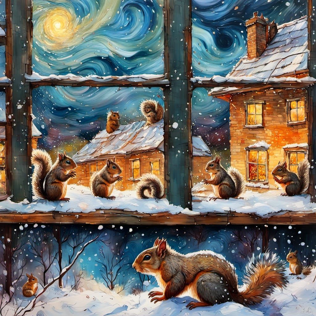 Squirrels in Snowy Wonderland under Starry Night Sky
