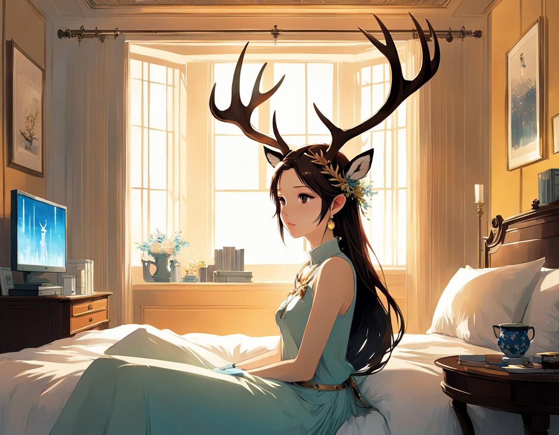 Anime Deer Princess with Antlers in Bedroom