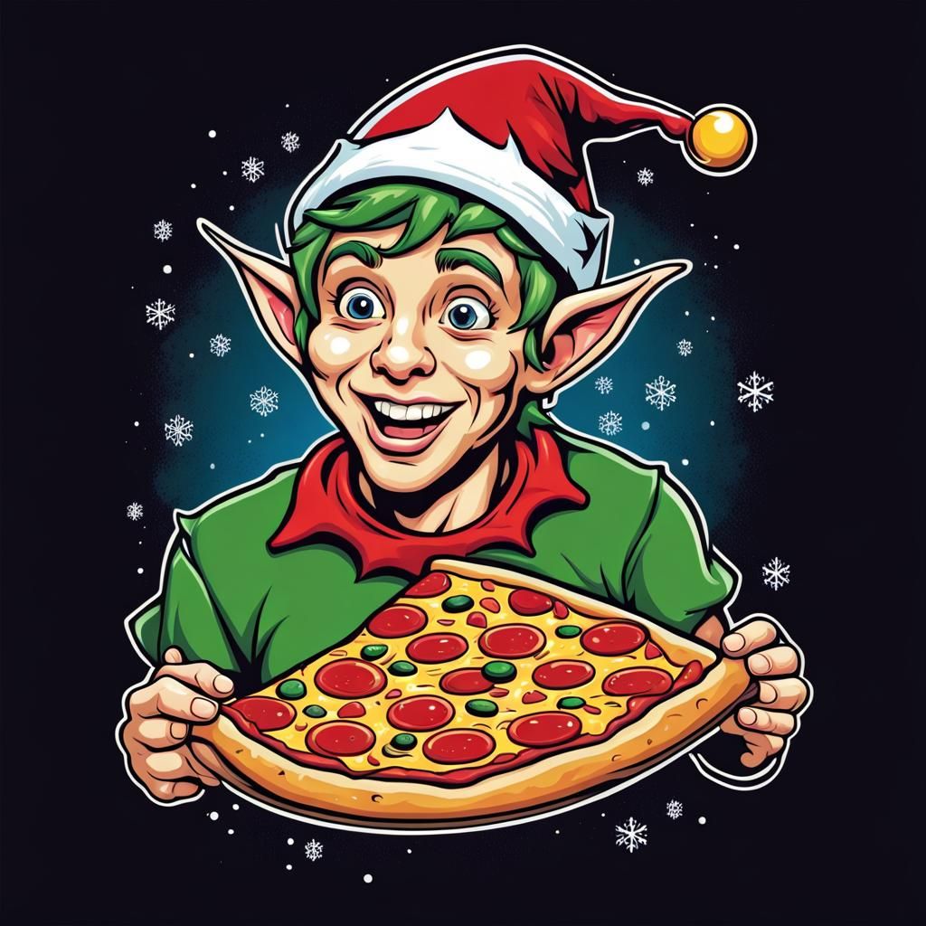 Funny Christmas Elf Eating Pizza Vector Design