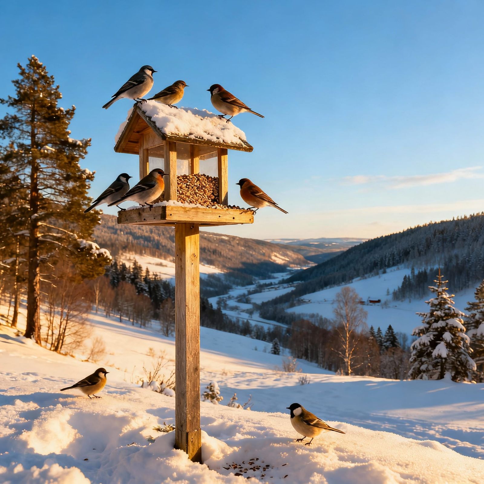 Sunny Snowy Valley with Birds at Feeder in Afternoon