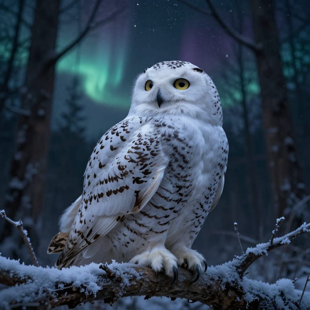 Majestic Snow Owl in Ethereal Moonlight Forest