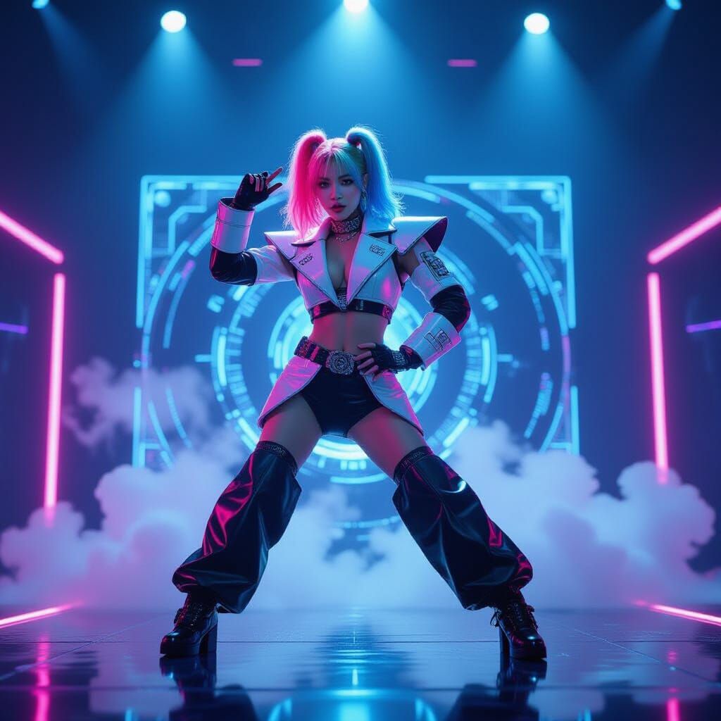 Futuristic K-Pop Idol on Neon Stage