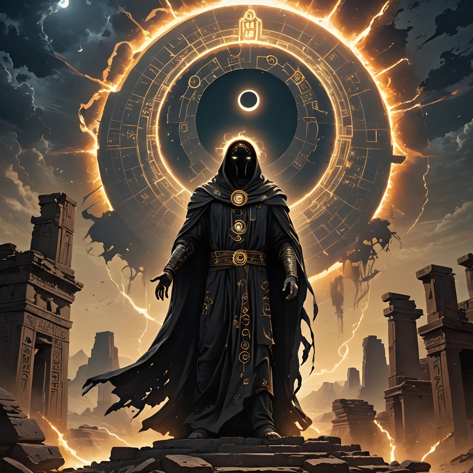 Solar Eclipse Figure on Ancient Ruins, Digital Art