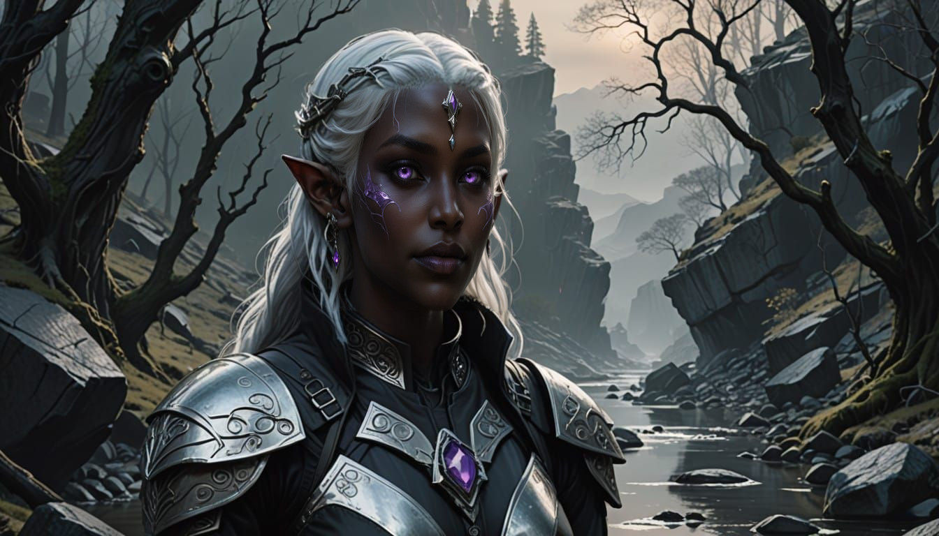 Ethereal Drow Maiden Stands at Icy Stream's Edge