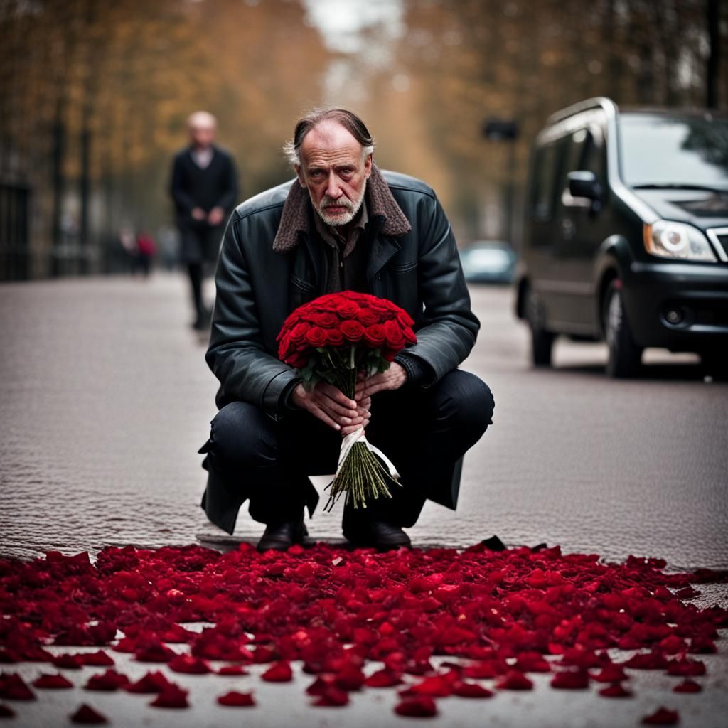Sad Man with Withered Roses in Street