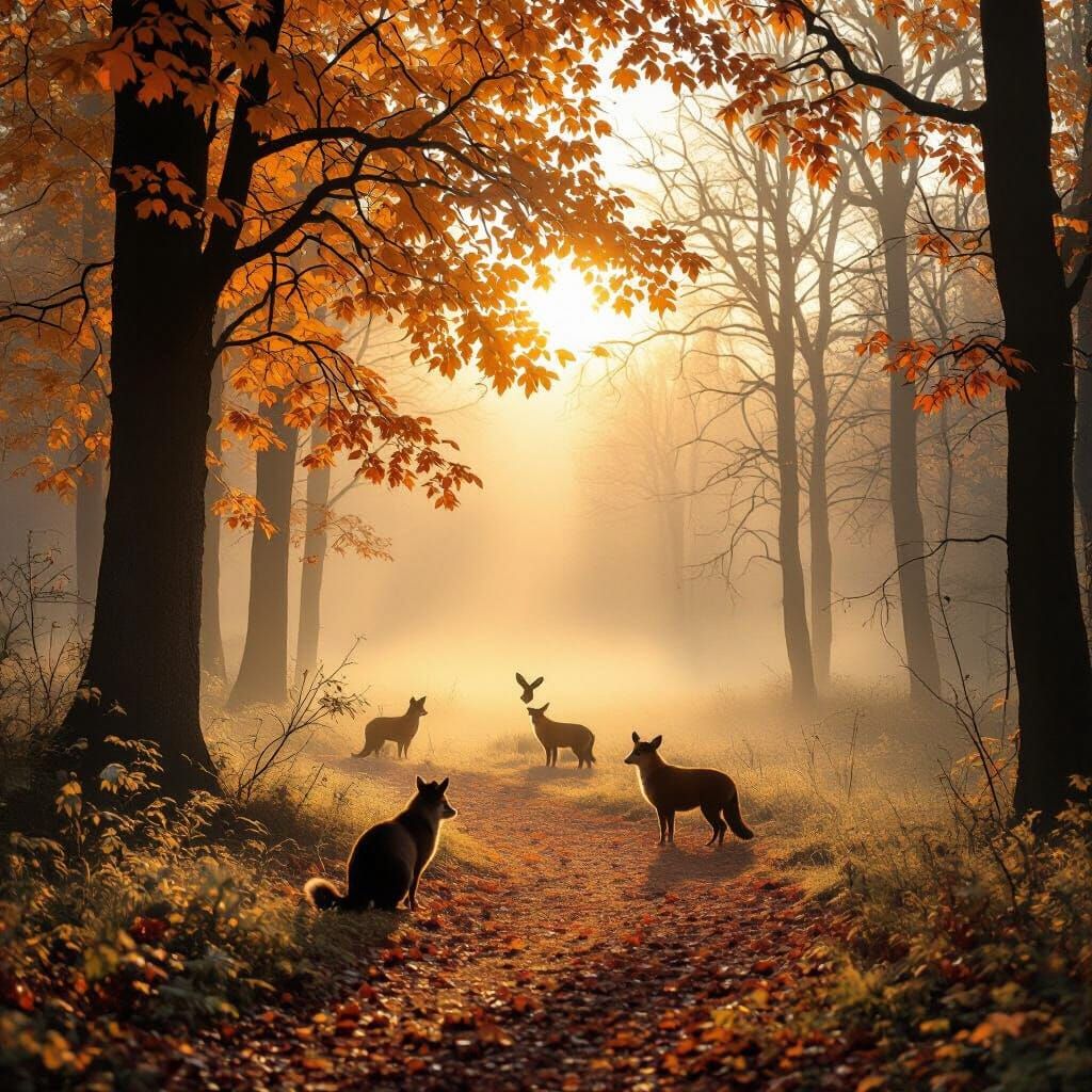 Autumn Forest Sunset with Animals in Whimsical Fairy Tale St...