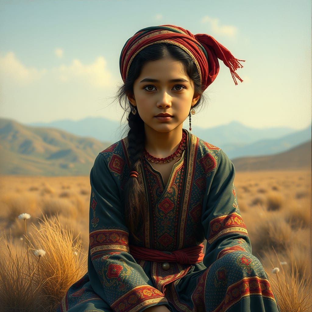 Pashtun Girl in Traditional Attire, Serene Landscape