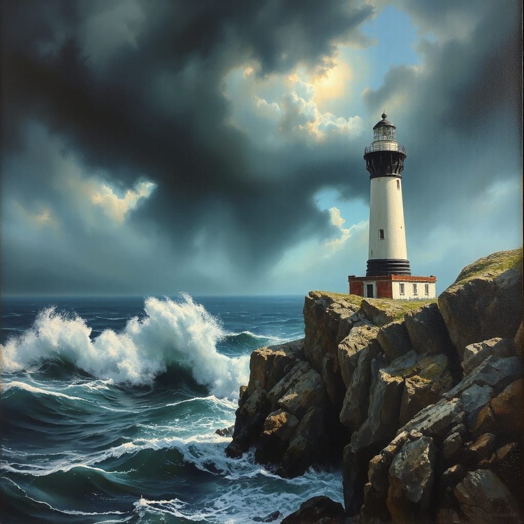 Stormy Seas: Lighthouse in Classical Oil Painting Style
