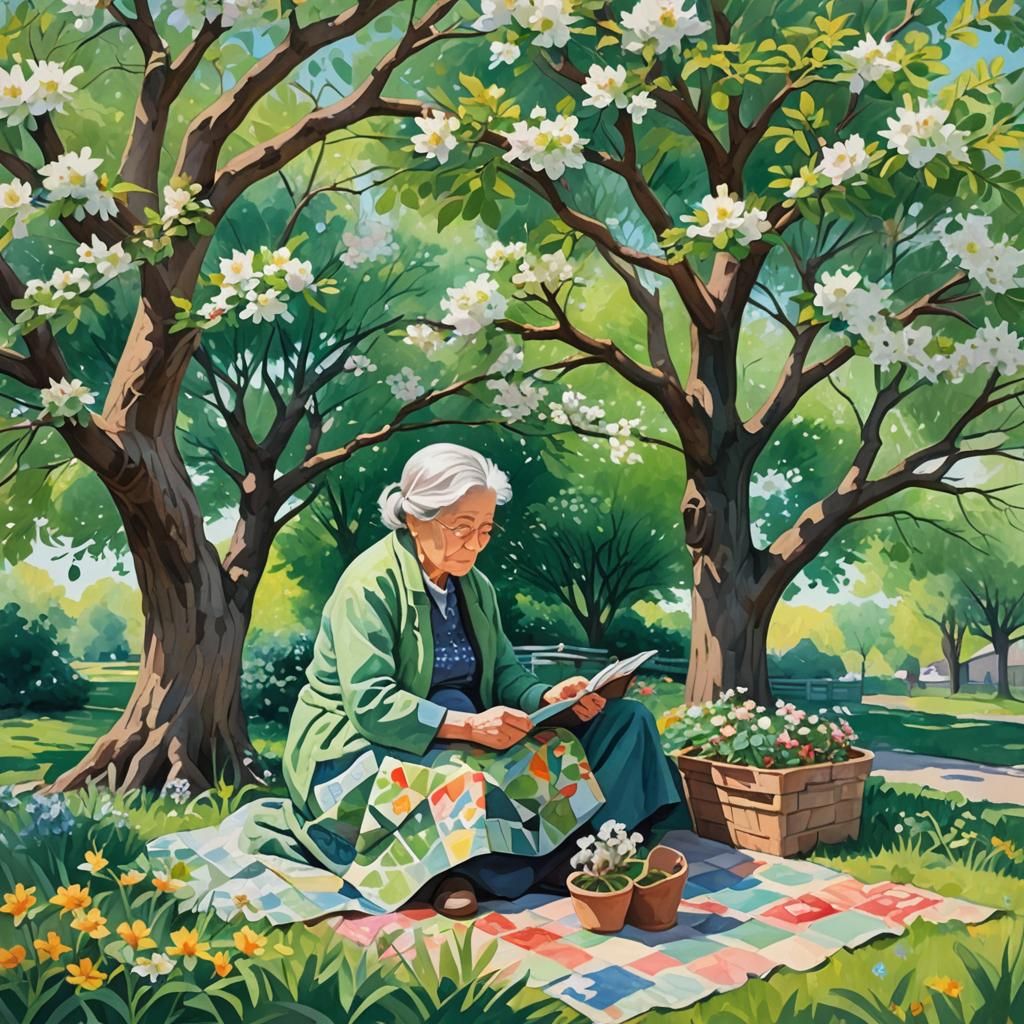 Gouache Painting: Old Woman Quilting Under Blossoming Tree