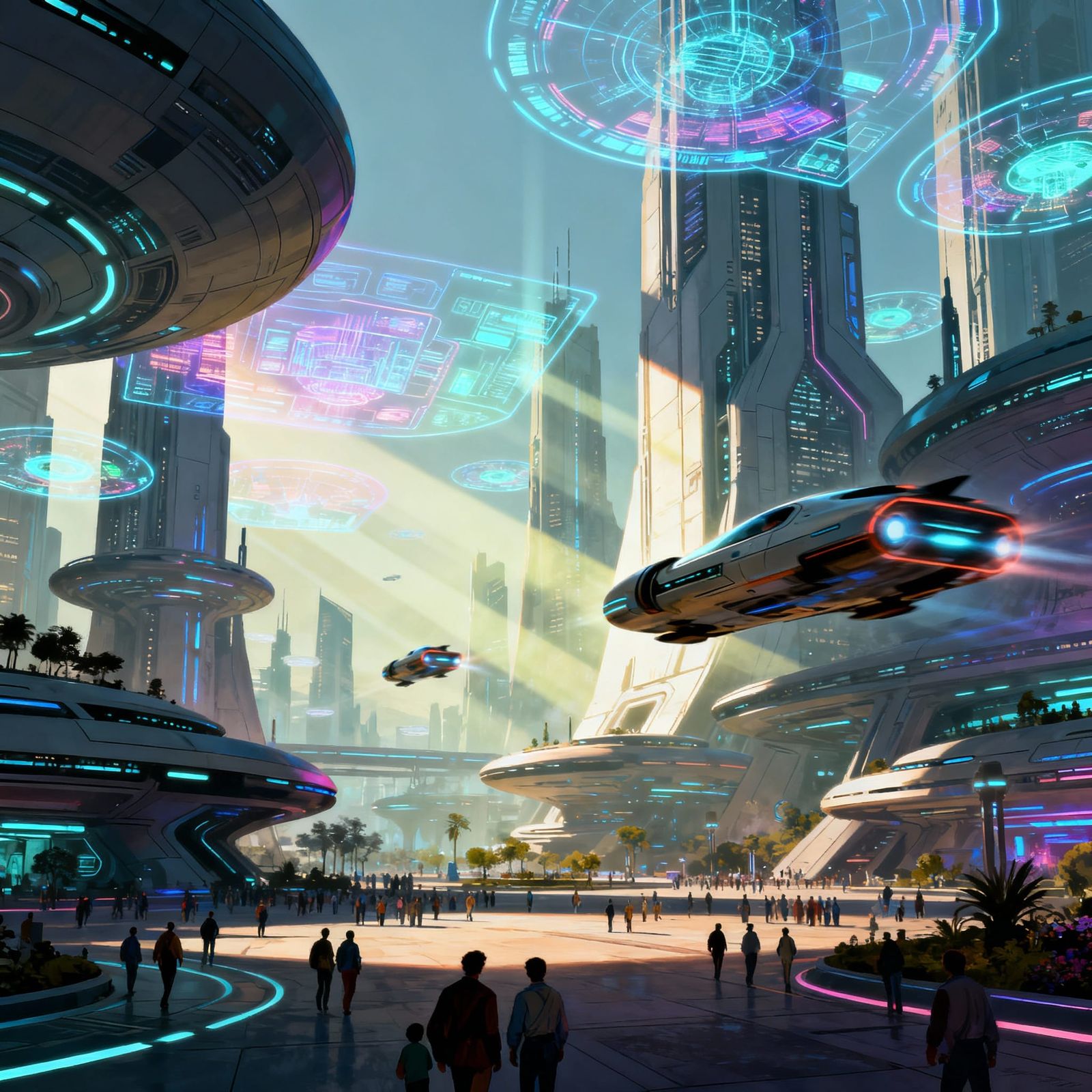 Bustling Future City Square in 2150 with Flying Vehicles