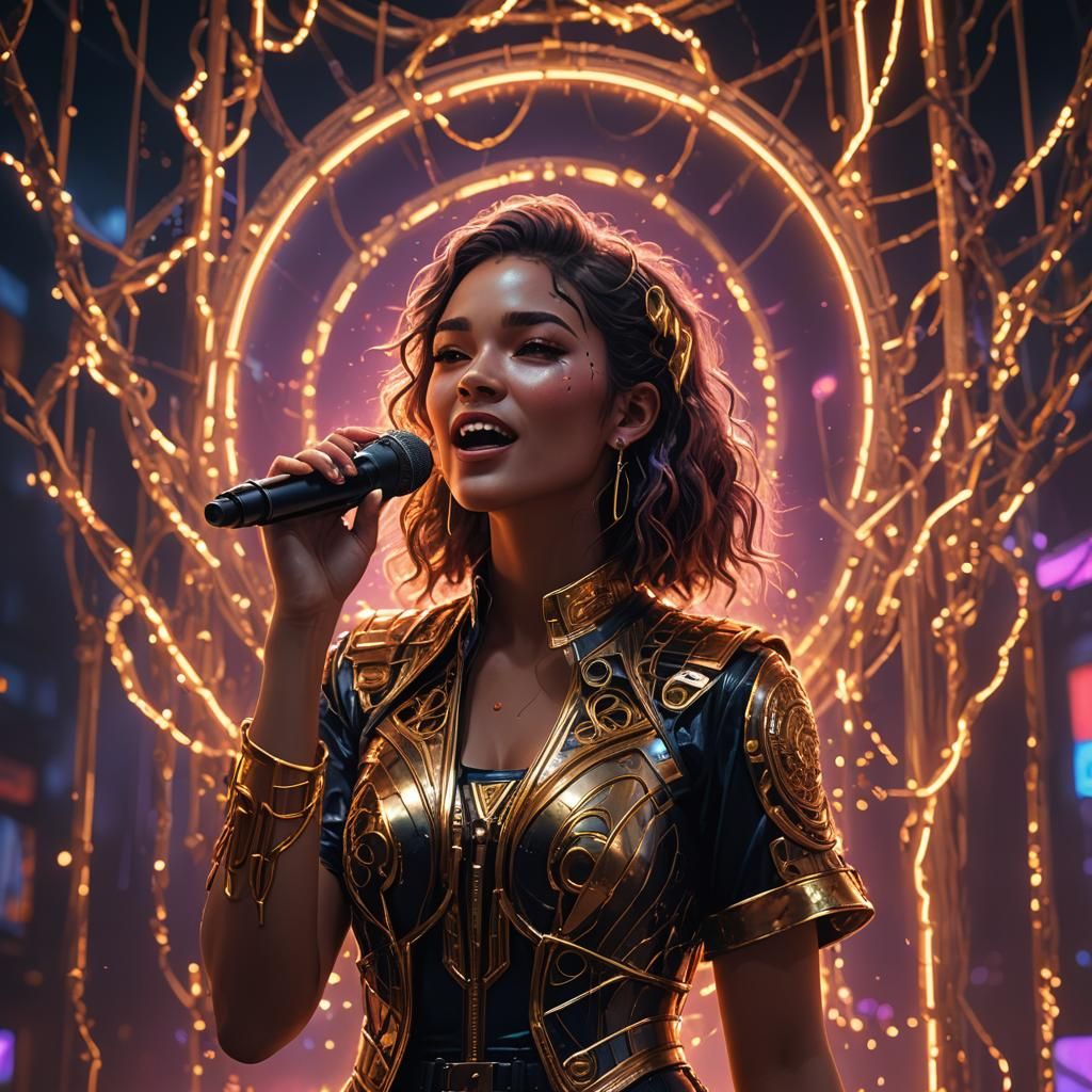 Girl Singing in Neon Gold Lights: Detailed Art
