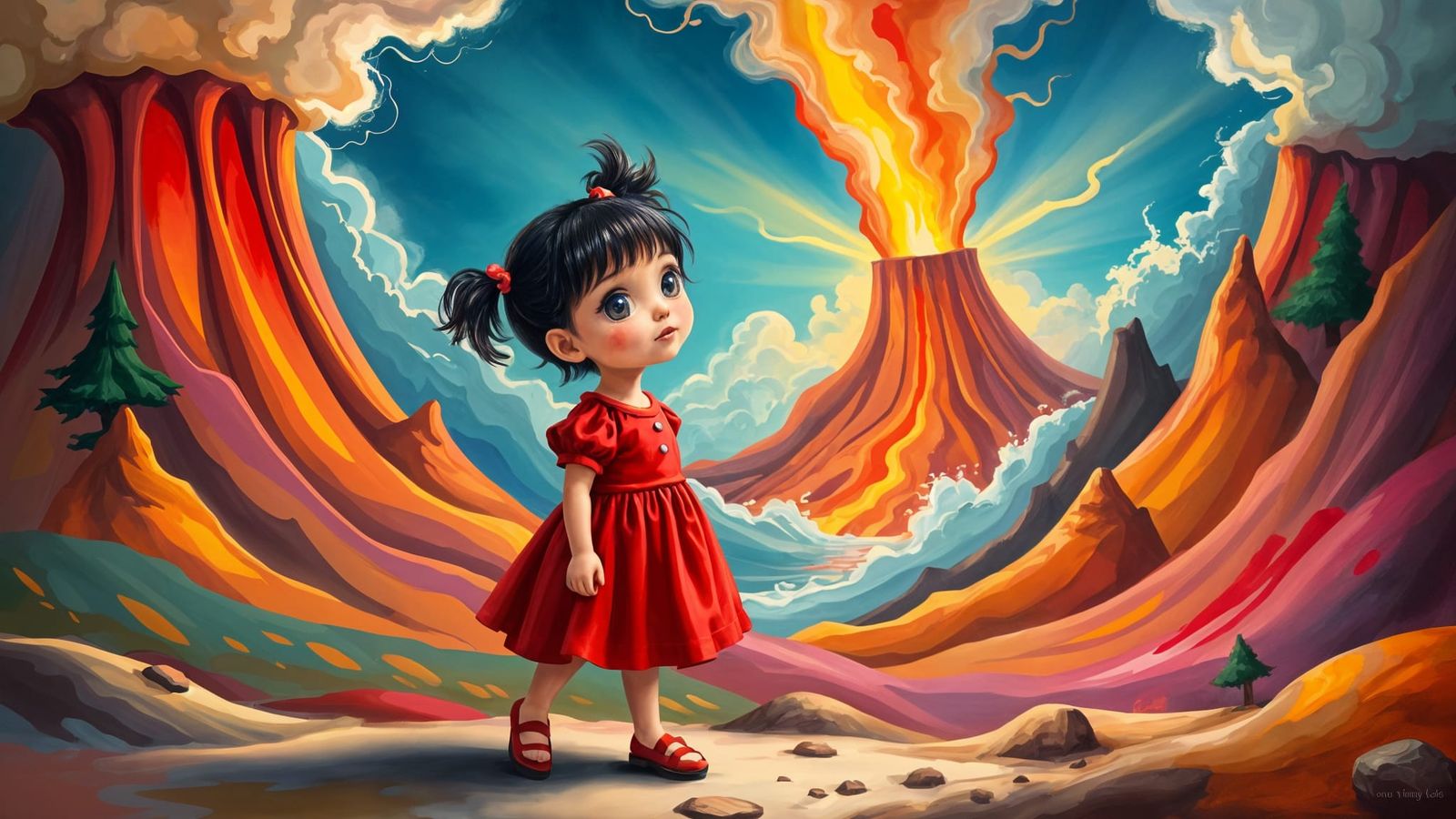 Innocent Girl in a Vibrant Red Dress with Pigtails