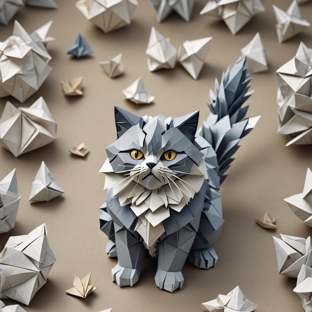Origami Cat Contemplates Paper Paws