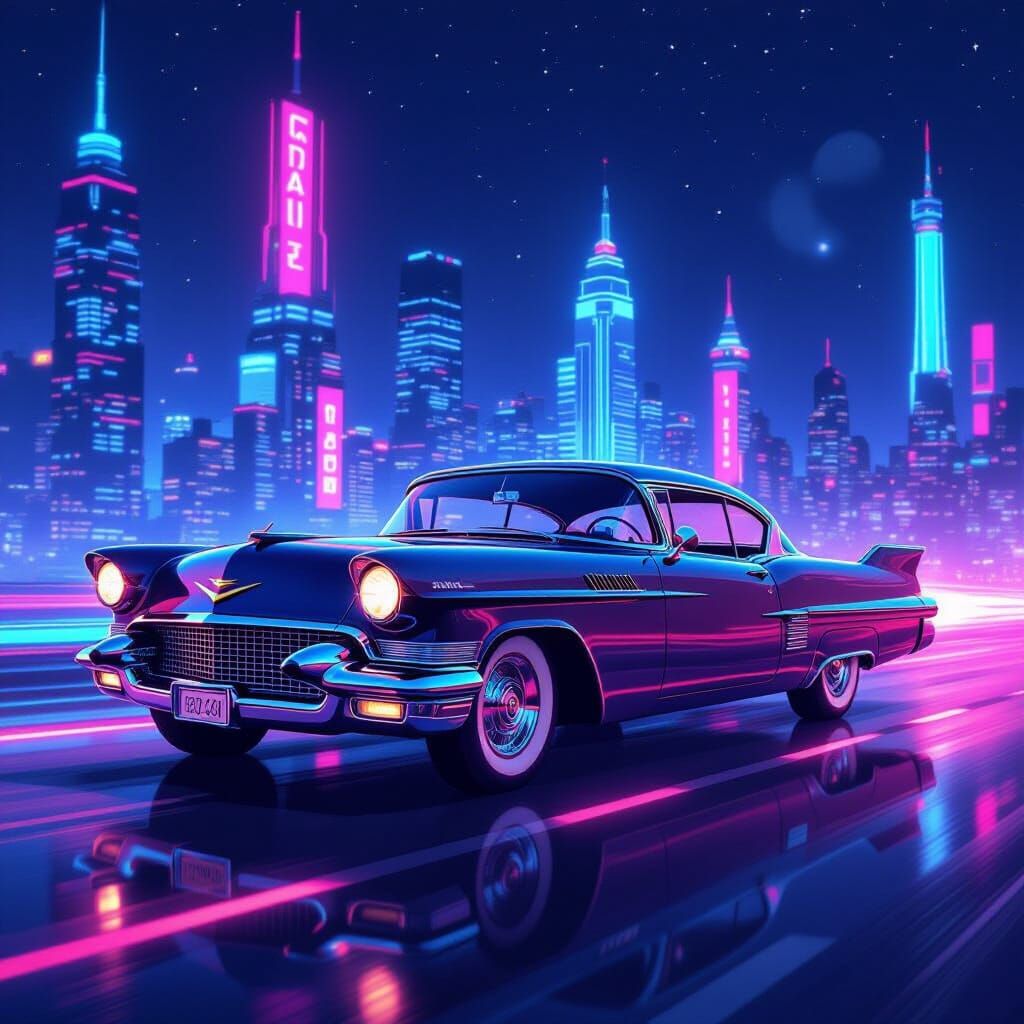 Retro-Futuristic Flying Car in Neon Cityscape