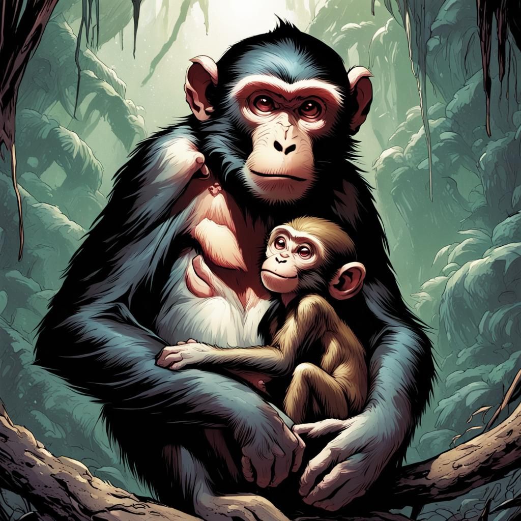 Monkey Mother and Baby in Comic Book Style