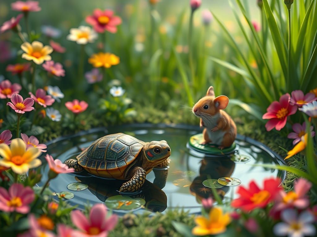 Tortoise and Mouse Chat in a Fantasy Meadow