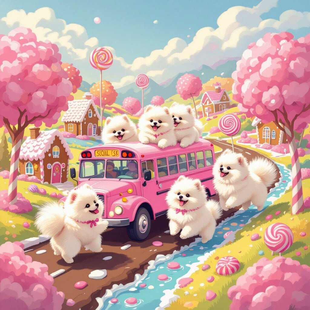 Fluffy Pomeranians Catch Pink School Bus in Candy Land