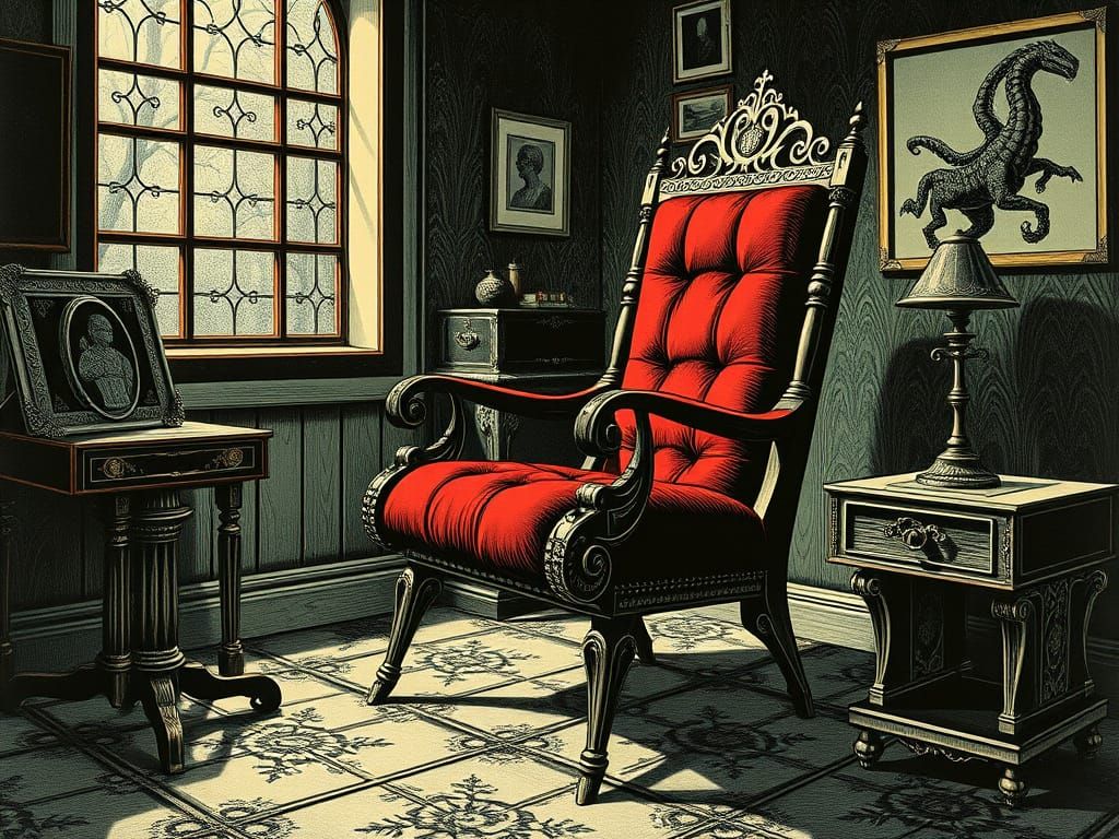 Lovecraftian Writer's Chair Ad in Retro Sci-Fi Style