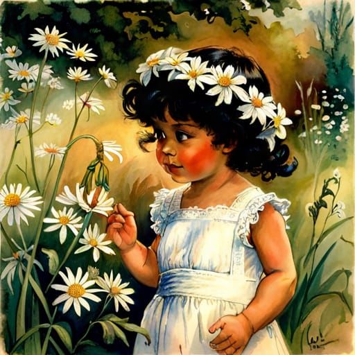 Black Toddler Girl with Wildflowers: Classical Fairytale Por...