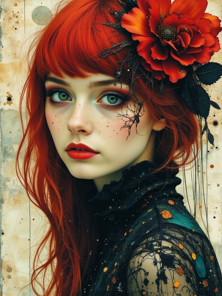 Gothic Despaircore Portrait in Watercolor Alcohol Textures