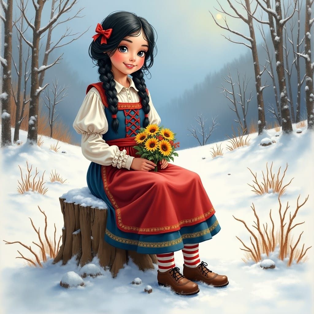 Bavarian Girl in Snowy Meadow: Watercolor Painting