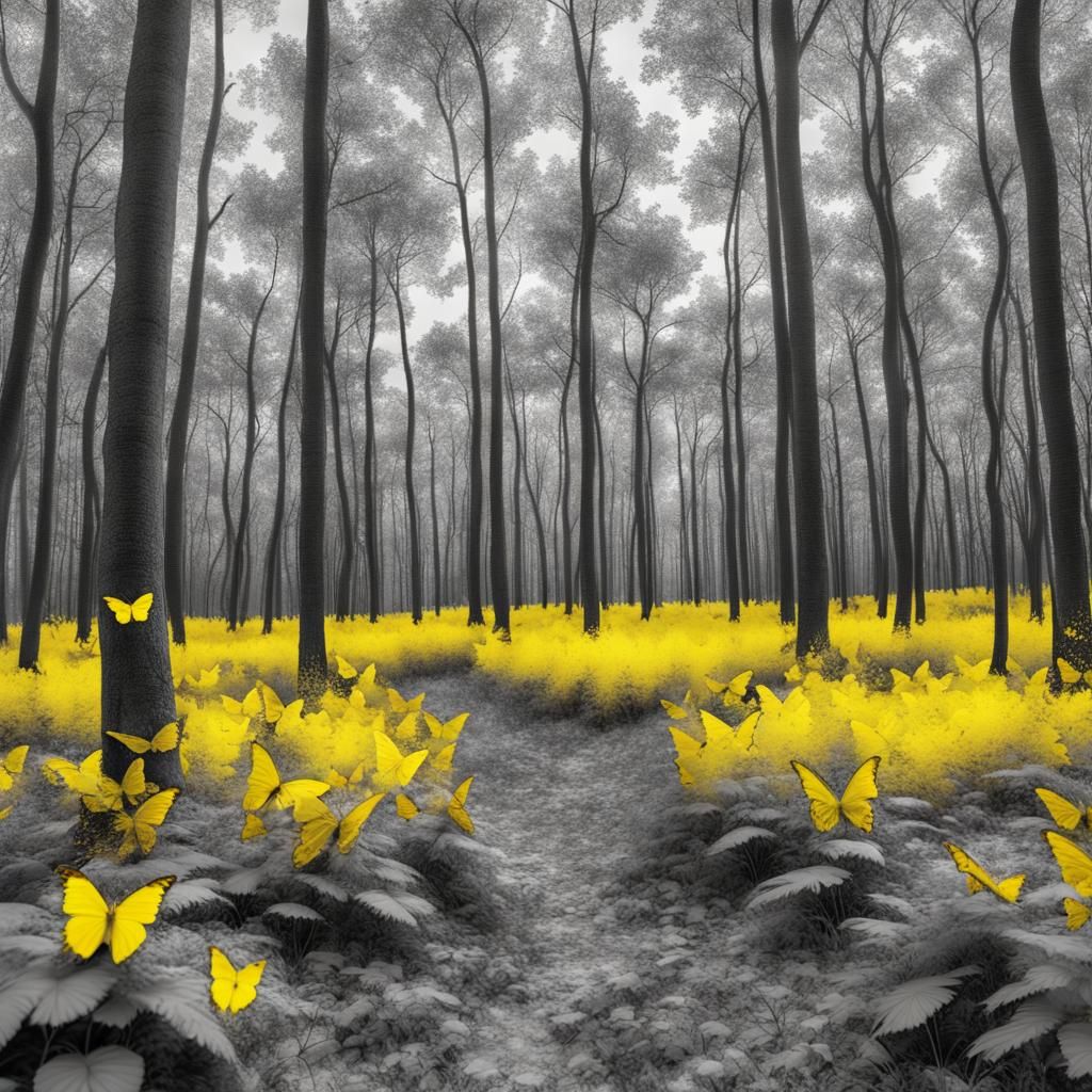 Monochrome Forest with Yellow Butterflies in HDR